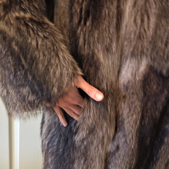 Long Racoon Real Fur Long Coat L Women Brown Gray USA Slit Ear Muffs Set - Picture 11 of 15